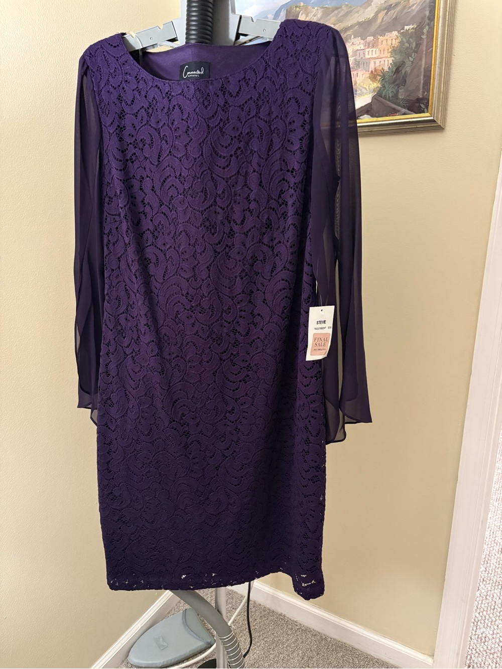 connected apparel Deep Purple Lace Shift Dress with Sheer Long Sleeves